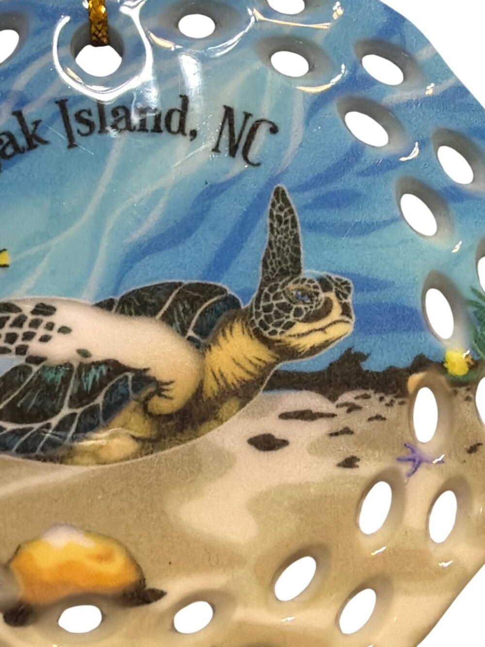 Sea Turtle Ceramic Ornament Oak Island NC Cord Christmas Double Sided 3" NWOT - Picture 4 of 4